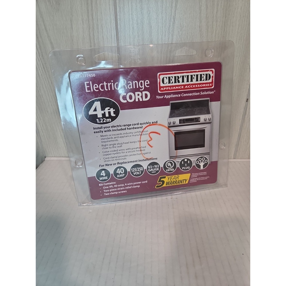 Certified Appliance Accessories 4 Ft. 4-Prong Range Power Cord - 40 Amp